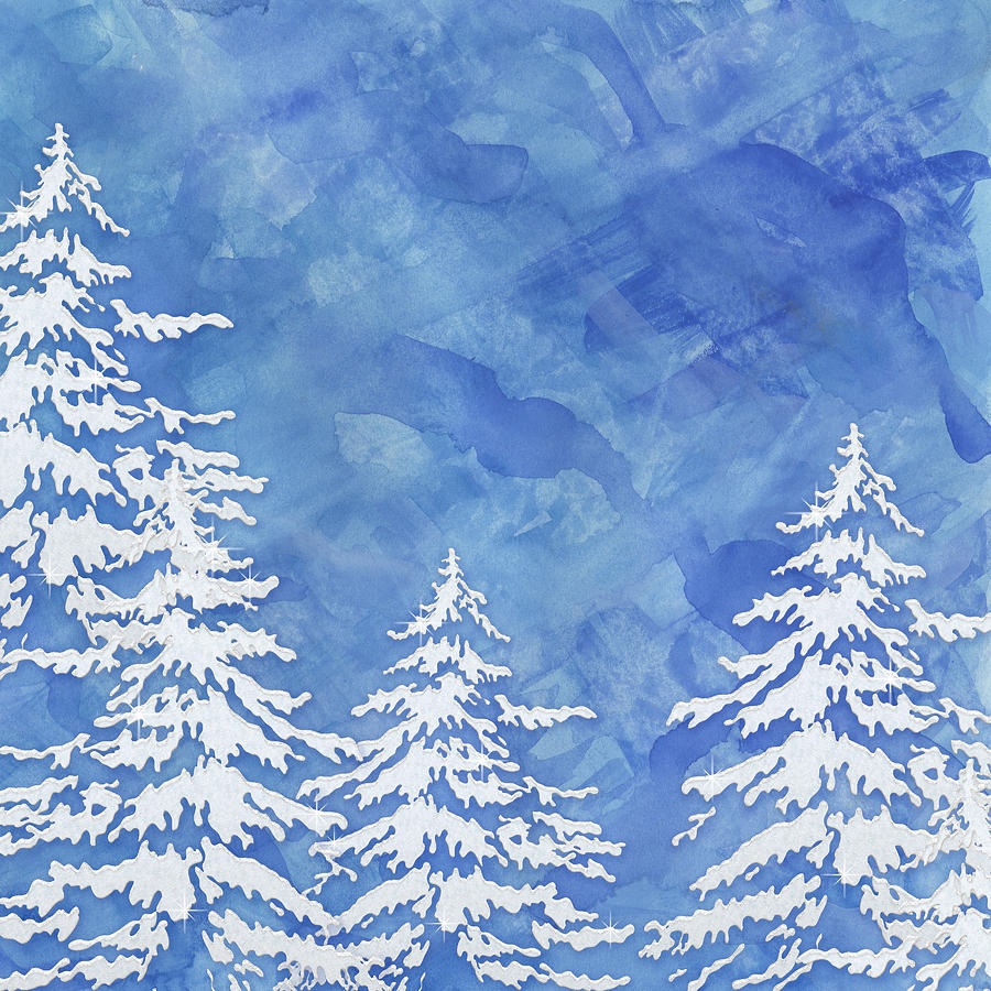 Modern Watercolor Winter Abstract - Snowy Trees Painting by Audrey Jeanne Roberts
