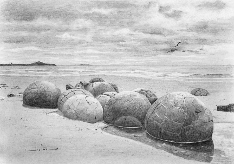 Pencil Drawing - Moeraki Boulders by Nolan Clark Pencil Drawing - Moeraki Boulders by Nolan Clark