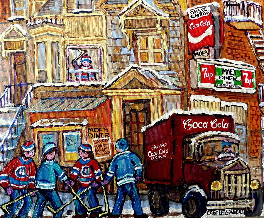 Moes Diner Montreal Memories Casse Croute Du Coin Corner Montreal Forum Hockey Art  Landmark  Painting by Carole Spandau