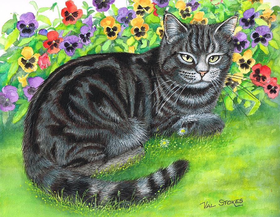Moggy in the pansies Painting by Val Stokes