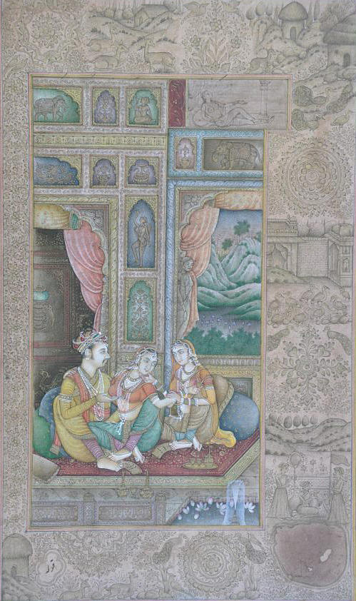 Moghul Mughal Miniature Art Handmade Watercolor Harem Theme Folk  Art Painting by R Verma
