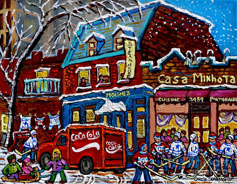 Moishes On The Main Montreal Memories Street Hockey Art Snowy Canadian Winter Painting C Spandau Painting by Carole Spandau