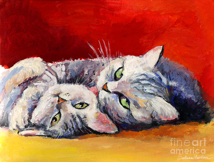Custom Pet Portrait Painting - Mom and kitten cat painting by Svetlana Novikova