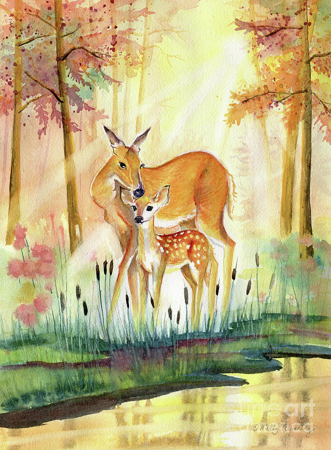 Mom and little deer Painting by Melly Terpening