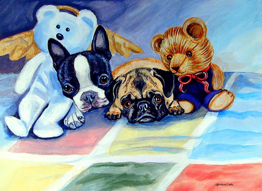 Nature Painting - Mom can she stay over - Pug and Boston Terrier by Lyn Cook