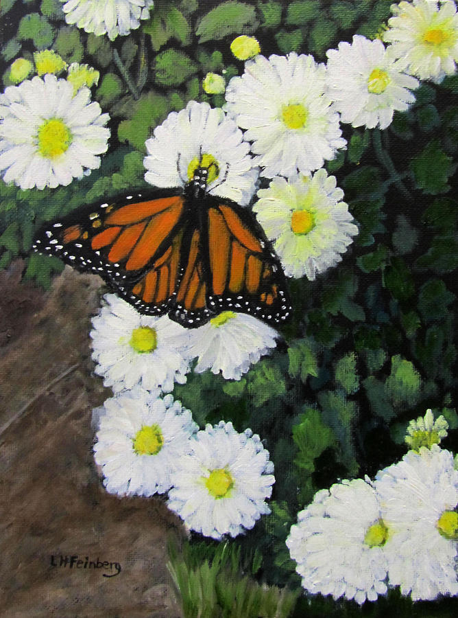 Monarch amid the mums Painting by Linda Feinberg