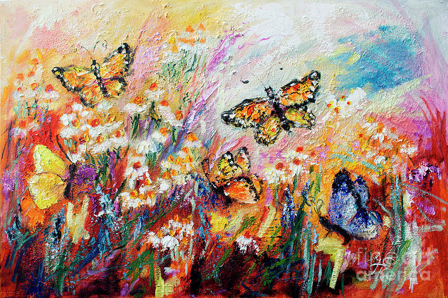Monarch Butterflies and Chamomile Flowers Painting by Ginette Callaway