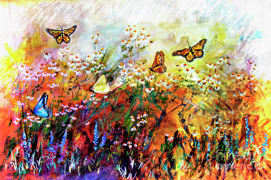 Monarch Butterflies in Garden Painting by Ginette Callaway