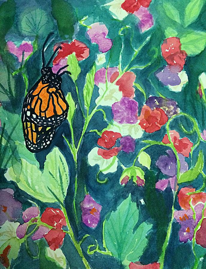 Monarch Butterfly Amid Sweetpeas Painting by Ellen Levinson