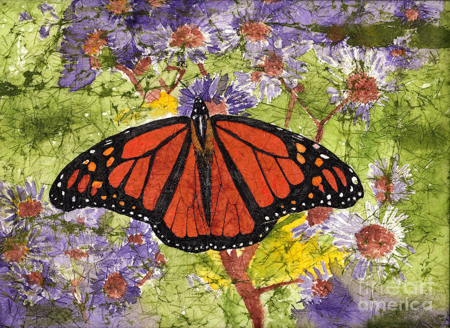 Monarch Butterfly on Purple Flowers Watercolor Batik Painting by Conni Schaftenaar