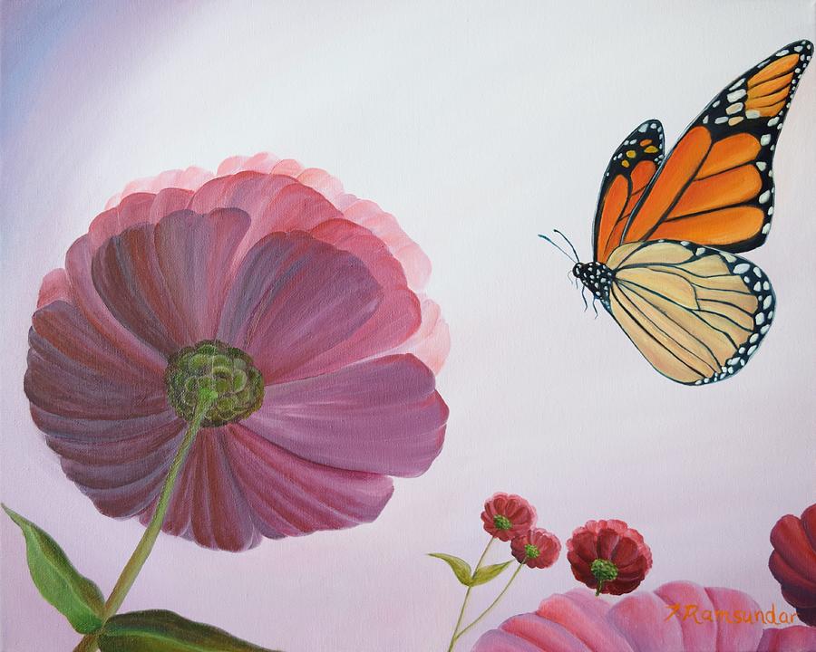 Monarch dances with Zinnia Painting by Torrence Ramsundar