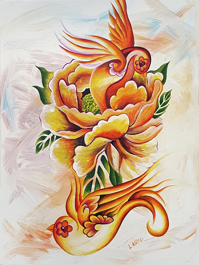 Monarch Orange Peony and Sparrows Painting by Aarron Laidig