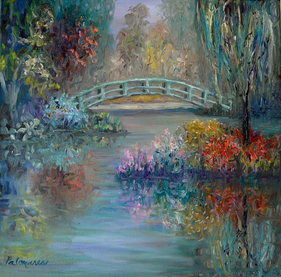 Monet Style Flower Garden With Bridge And Weeping Willow Amber Palomares 