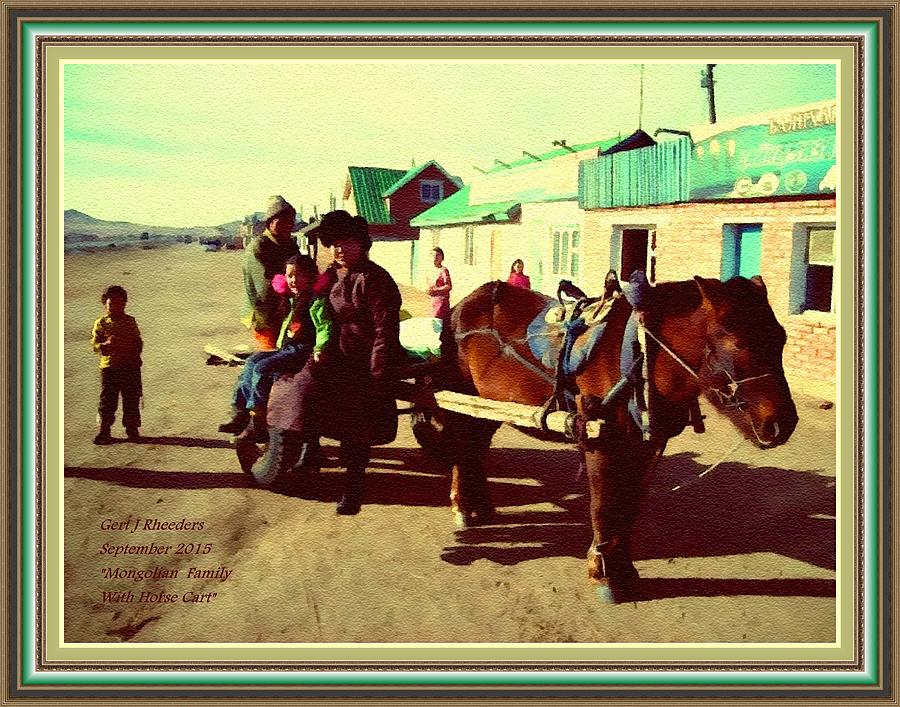 Abstract Painting - Mongolian Family With Horse Cart. H A  With Decorative Ornate Printed Frame. by Gert J Rheeders