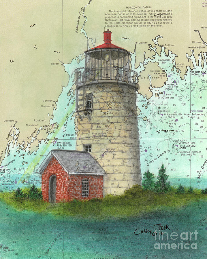 Lighthouse Painting - Monhegan Island Lighthouse Maine Cathy Peek Nautical Chart Map  by Cathy Peek