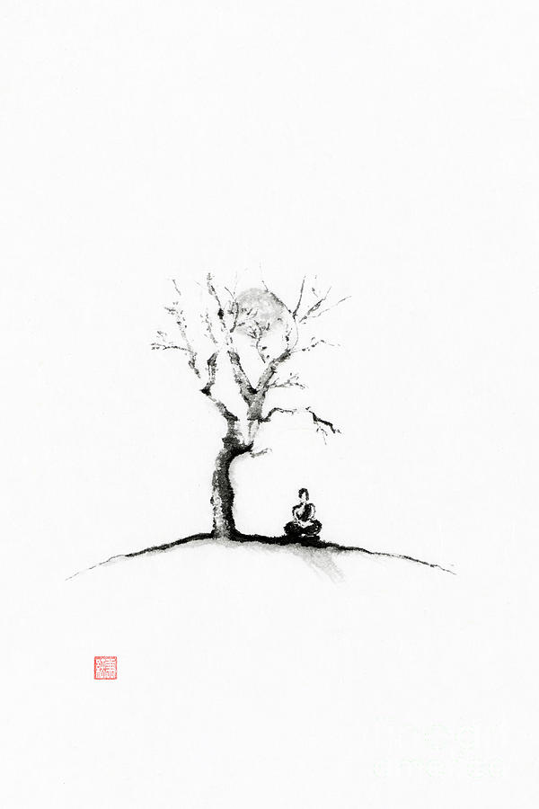 Monk Meditating Under A Sakura Tree In Moonlight Japanese Zen Su Awen Fine Art Prints 