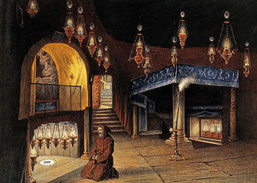 Monk praying in Nativity Grotto Painting by Munir Alawi