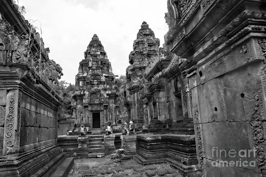 Architecture Photograph - Monkey Statues Guard Entrance Khmer Cambodia BW by Chuck Kuhn