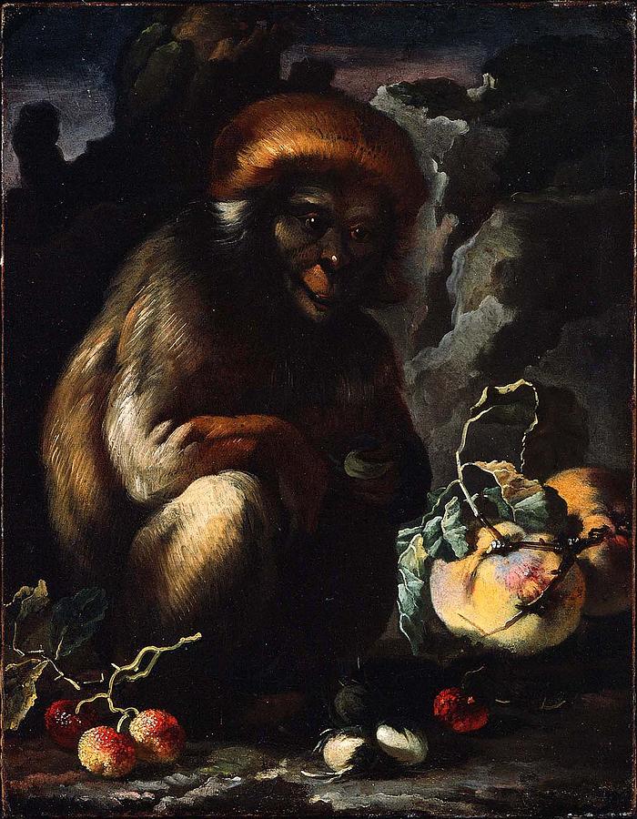 Monkey with Fruit Unidentified artist Painting by MotionAge Designs