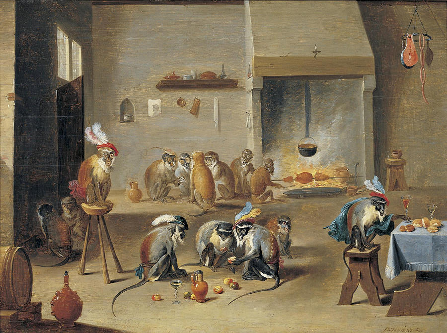 Monkeys in a Tavern Painting by Studio of David Teniers the Younger