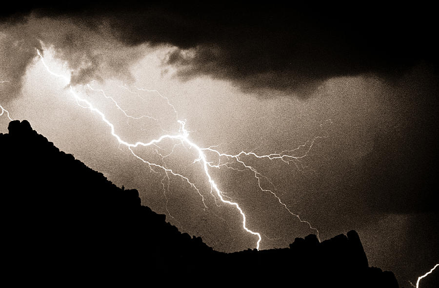 Nature Photograph - Mono Tone Lightning Striking the Ridge by James BO Insogna