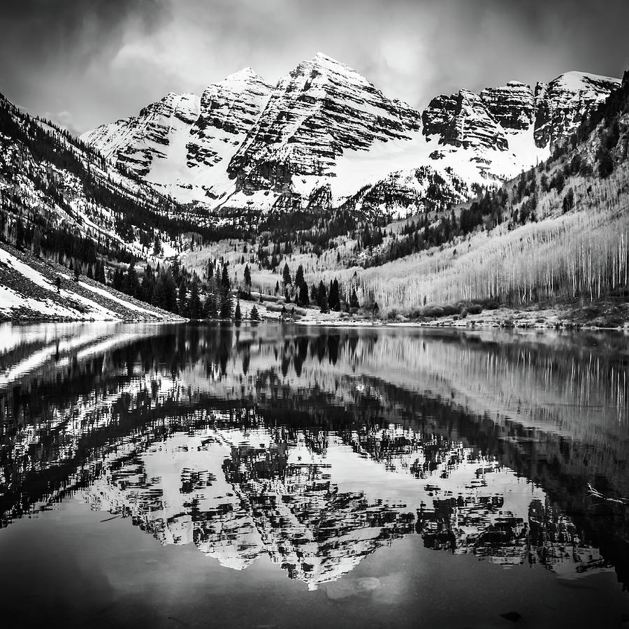 Monochromatic Maroon Bells - Colorado Mountain Landscape - 1x1 Photograph by Gregory Ballos