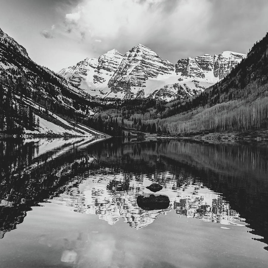 Monochrome Bells - Maroon Lake Reflections - Square Format Photograph by Gregory Ballos