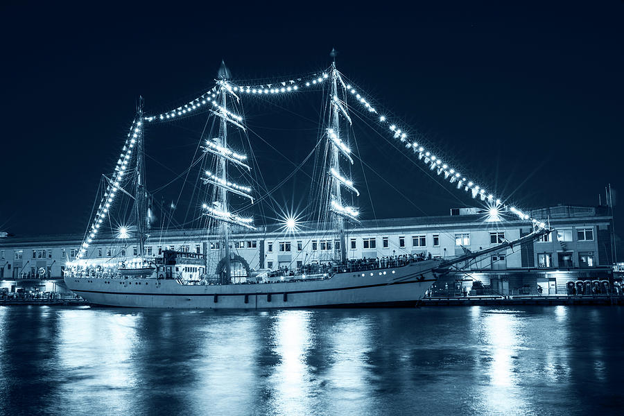 Monochrome Blue Boston Tall Ships at Night Boston MA Photograph by Toby McGuire