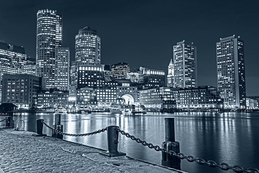 Monochrome Blue Boston Waterfront Boston Skyline Boston MA Harbor Towers Photograph by Toby McGuire