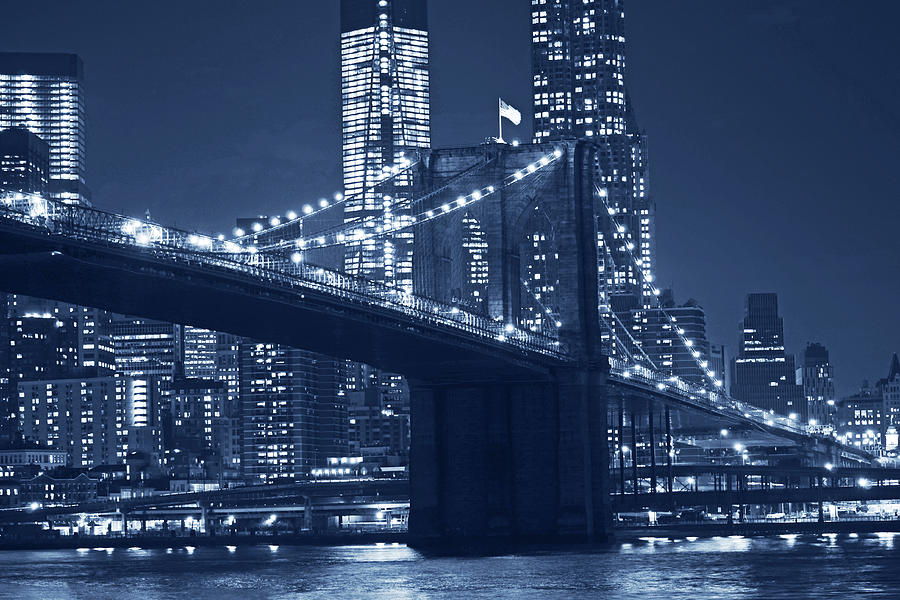 Monochrome Blue Brooklyn Bridge from Empire Fulton Ferry State Park Photograph by Toby McGuire
