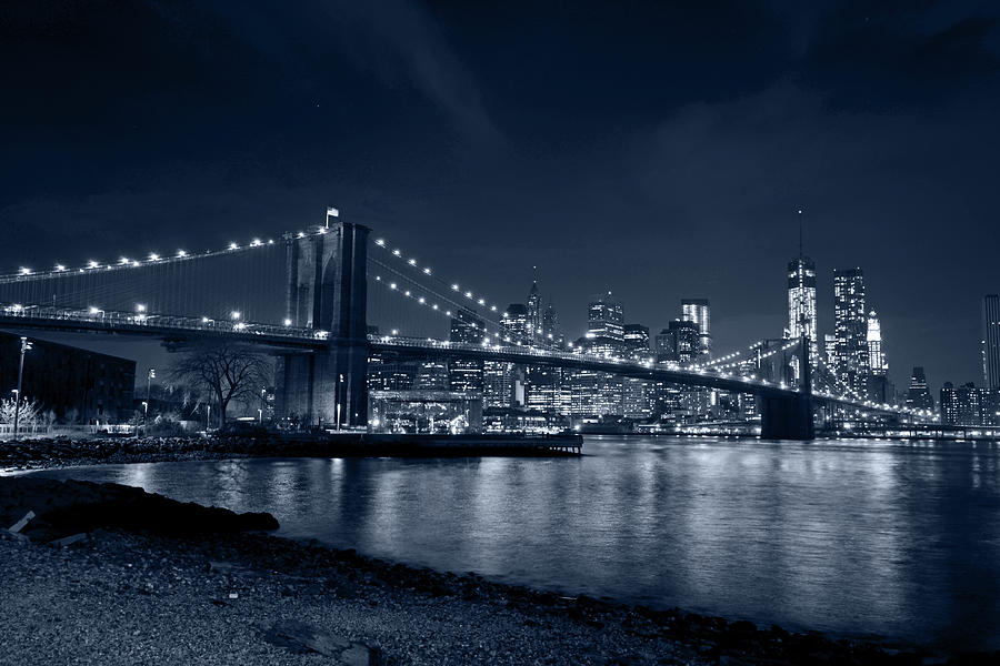Monochrome Blue Brooklyn Bridge New York City Photograph by Toby McGuire