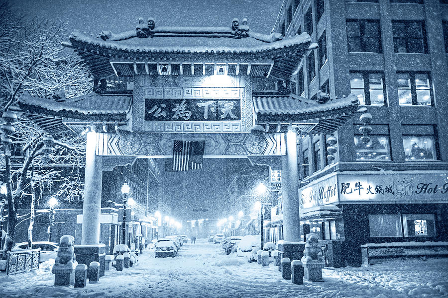Monochrome Blue Nights Boston Chinatown Gate during Snowsstorm Skylar Boston MA Photograph by Toby McGuire