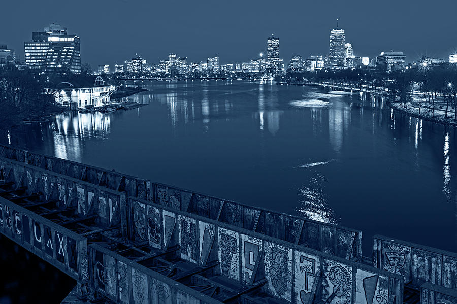 Monochrome Blue Nights Charles River at Dusk Dewolfe Boathouse Boston Skyline Photograph by Toby McGuire