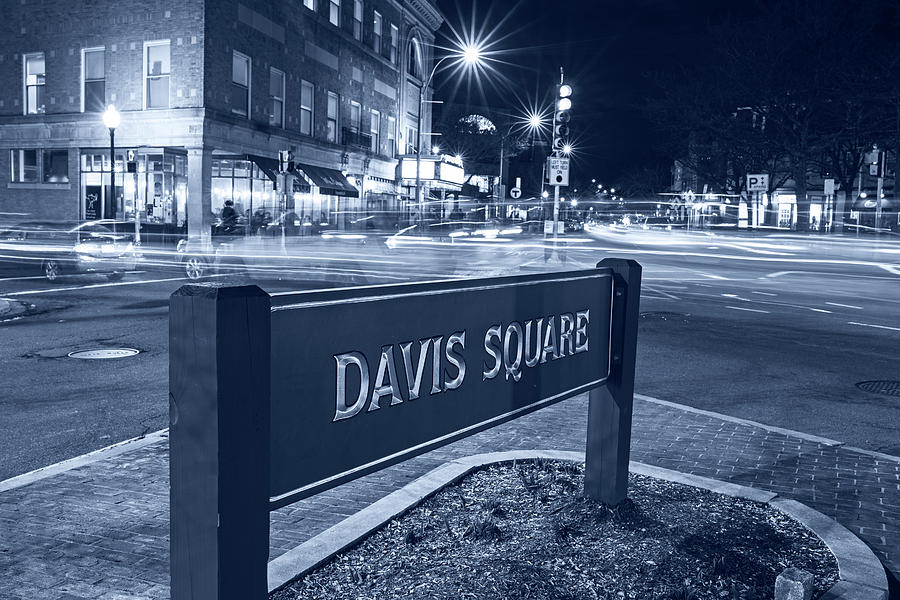 Monochrome Blue Nights Davis Square Sign Somerville MA Photograph by Toby McGuire