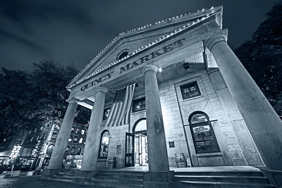 Monochrome Blue Nights Faneuil Hall Quincy Market Boston MA Photograph by Toby McGuire
