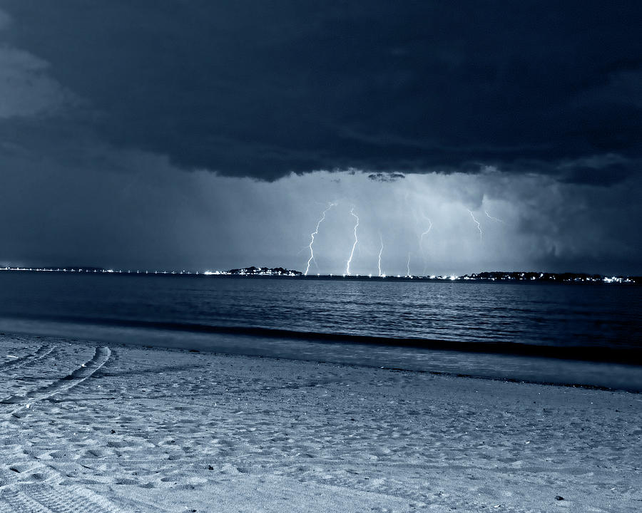 Monochrome Blue Nights Lightning over Nahant from Revere Beach Revere MA Photograph by Toby McGuire
