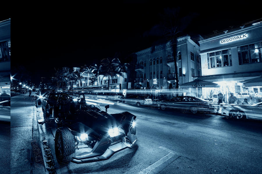 Monochrome Blue Nights Ocean Ave at Night Miami Florida Art Deco Photograph by Toby McGuire