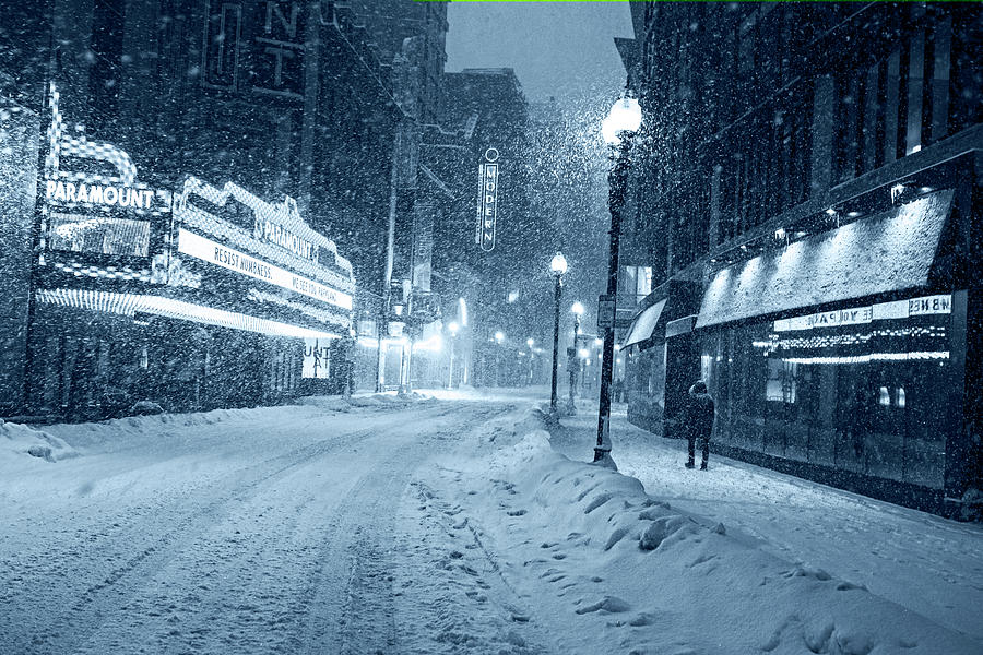 Monochrome Blue Nights Paramount Snowstorm Boston MA Washington Street Photograph by Toby McGuire
