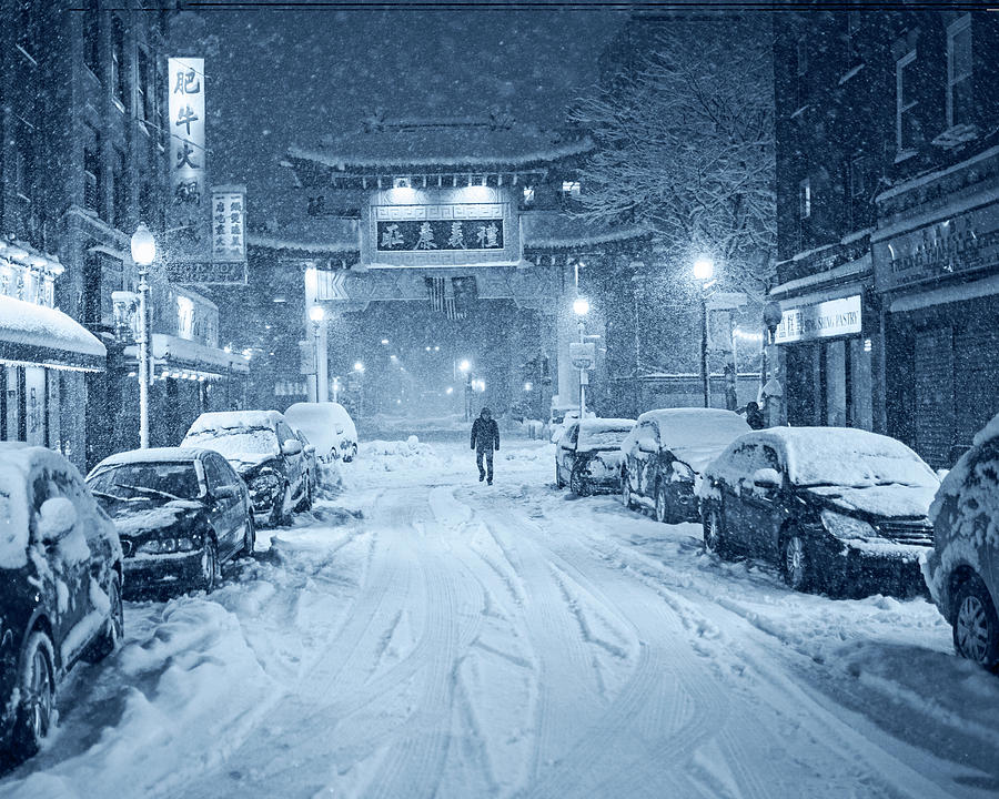 Monochrome Blue Nights Snow storm in Chinatown Boston Chinatown Gate Photograph by Toby McGuire