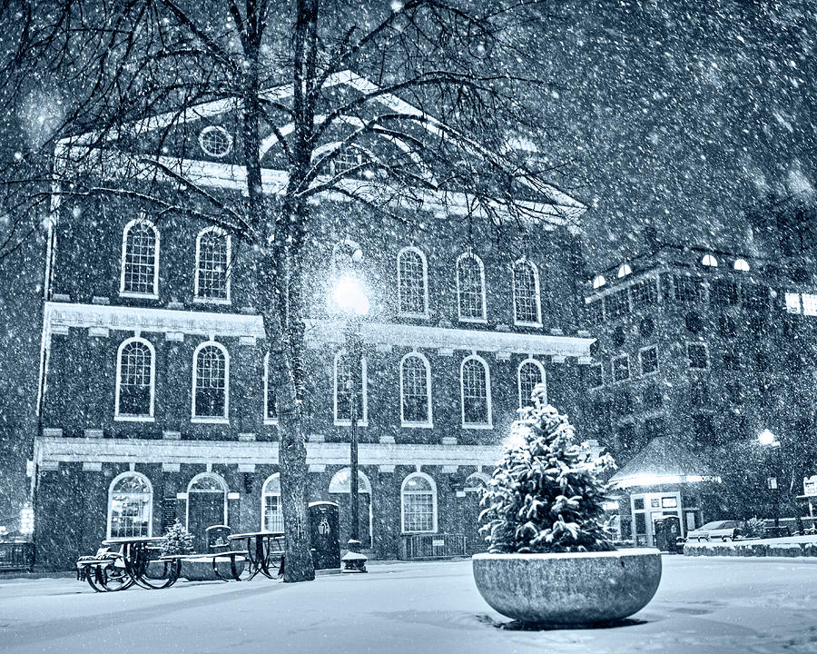 Monochrome Blue Nights Snow Storm in Faneuil Hall Quincy Market Boston MA Photograph by Toby McGuire