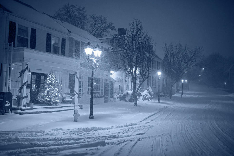 Monochrome Blue Old Town Marblehead Snowstorm Looking up at Abbot Hall Christmas Trees Photograph by Toby McGuire