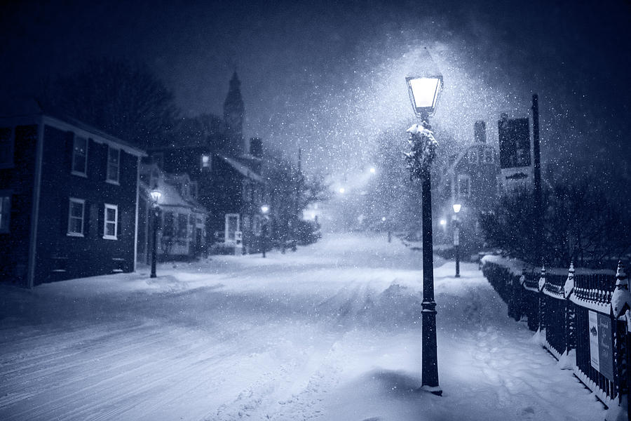 Monochrome Blue Old Town Marblehead Snowstorm Looking up at Abbot Hall Photograph by Toby McGuire