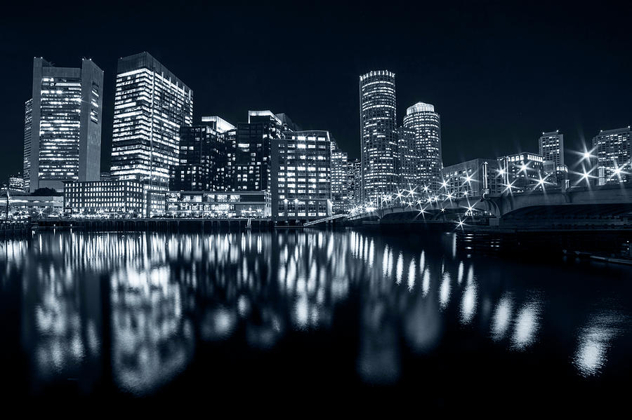 Monochrome Blue Seaport Bridge Boston Skyline Reflection Boston MA Photograph by Toby McGuire