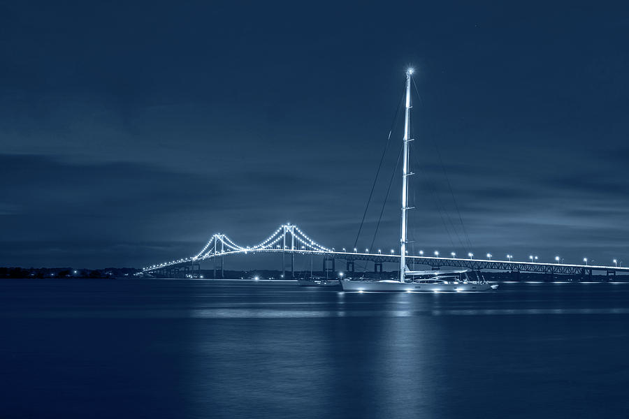 Bridge Photograph - Monochrome Blue Ship parked in front of the Pell Bridge Newport RI by Toby McGuire
