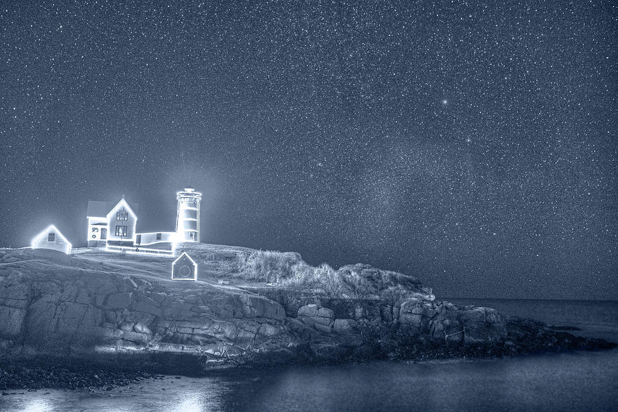 Monochrome Blue Starry Sky of the Nubble Light in York ME Cape Neddick Photograph by Toby McGuire