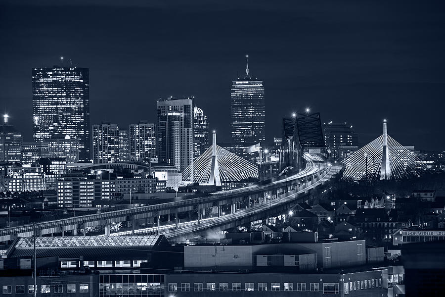 Monochrome Blue The Boston Skyline Boston MA Full Zakim Photograph by Toby McGuire