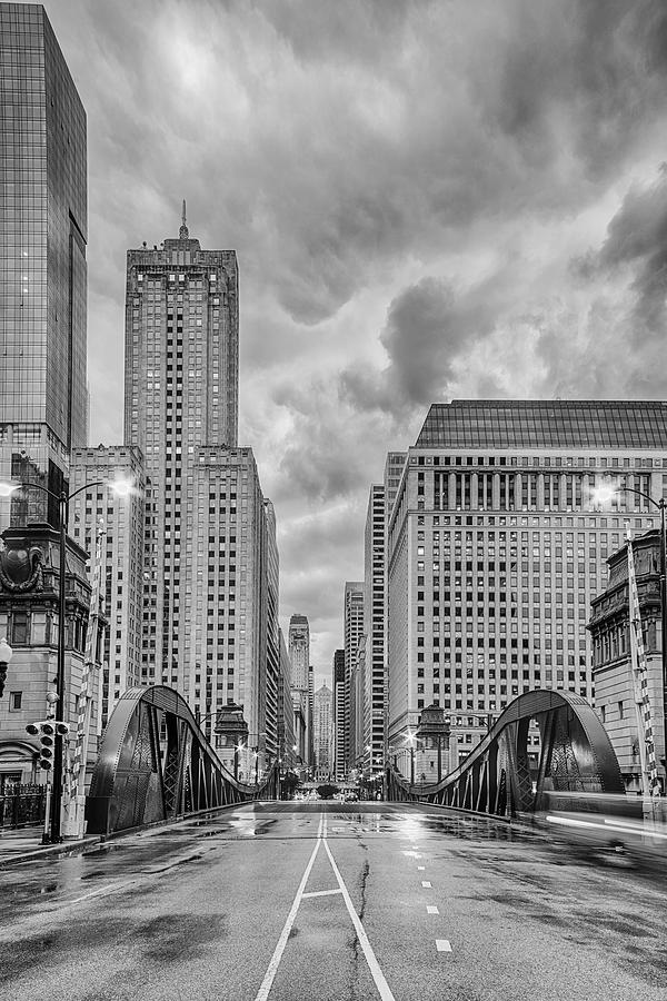 Monochrome Image of the Marshall Suloway and LaSalle Street Canyon over Chicago River - Illinois Photograph by Silvio Ligutti
