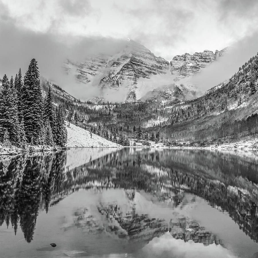 Monochrome Mountain Landscape - Maroon Bells - Aspen Colorado 1x1 Photograph by Gregory Ballos