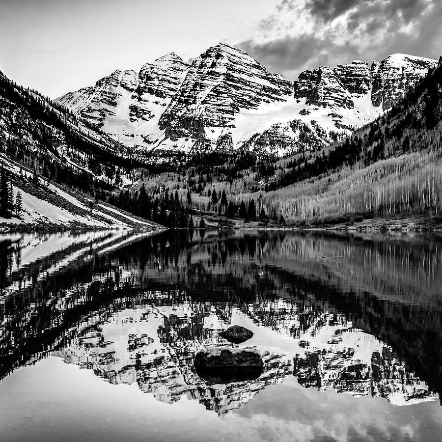 Monochrome Mountain Landscape Reflections - Aspen Colorado Maroon Bells 1x1 Photograph by Gregory Ballos