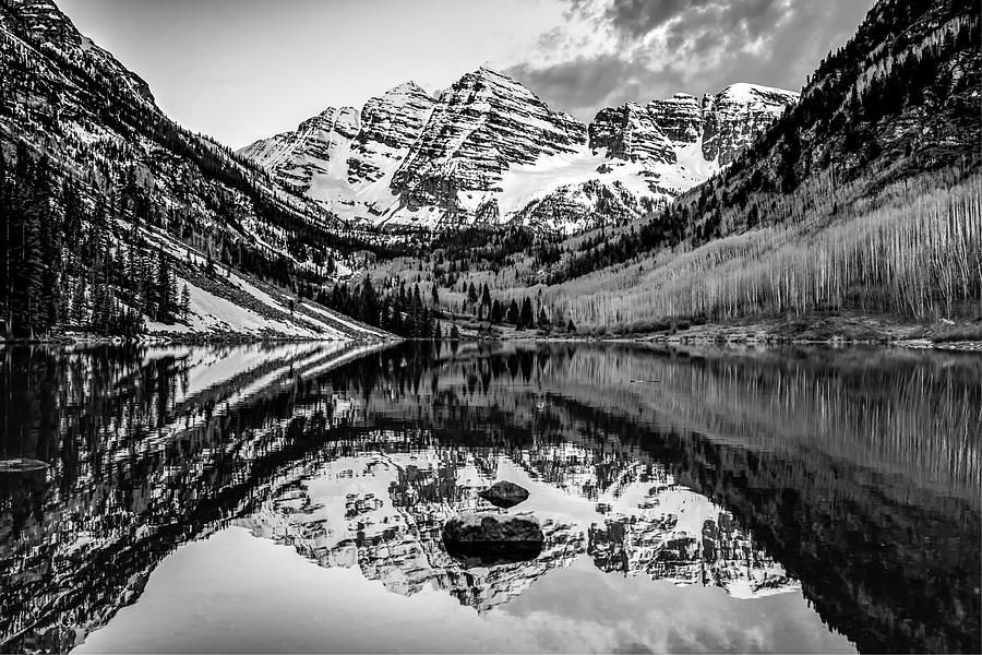 Monochrome Mountain Landscape Reflections - Aspen Colorado Maroon Bells Photograph by Gregory Ballos